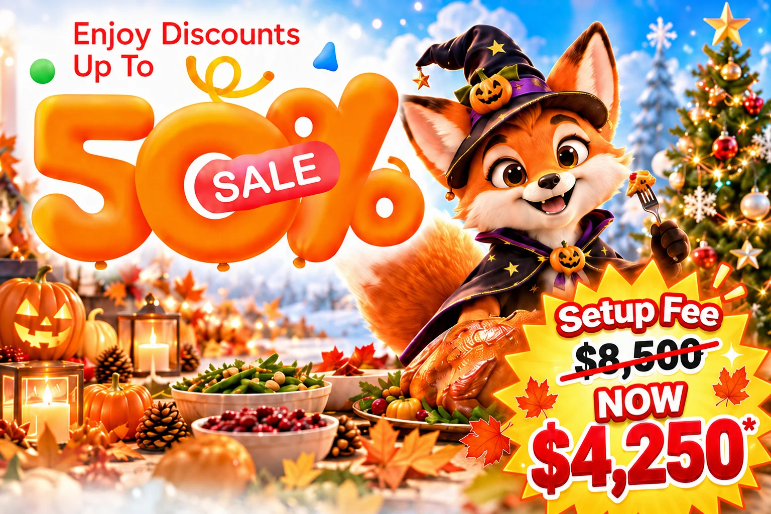 Gameroom360 fox in a Halloween costume with a Thanksgiving turkey dinner and a Christmas tree: holiday sale on gaming merchant setup. Setup fee $8,500, now $4,250.